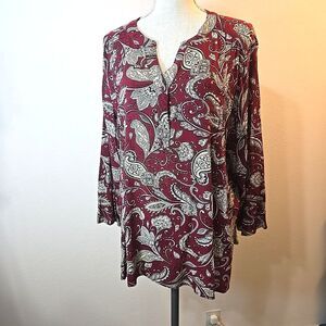 FUN2FUN Women's Plus Size 2X Maroon Paisley V Neck 3/4 Sleeve Blouse Tunic
